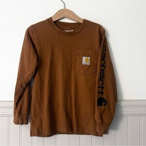 Carhartt Boys Size 7 Brown Pocket Long Sleeve Black Logo Sleeve Kids Shirt